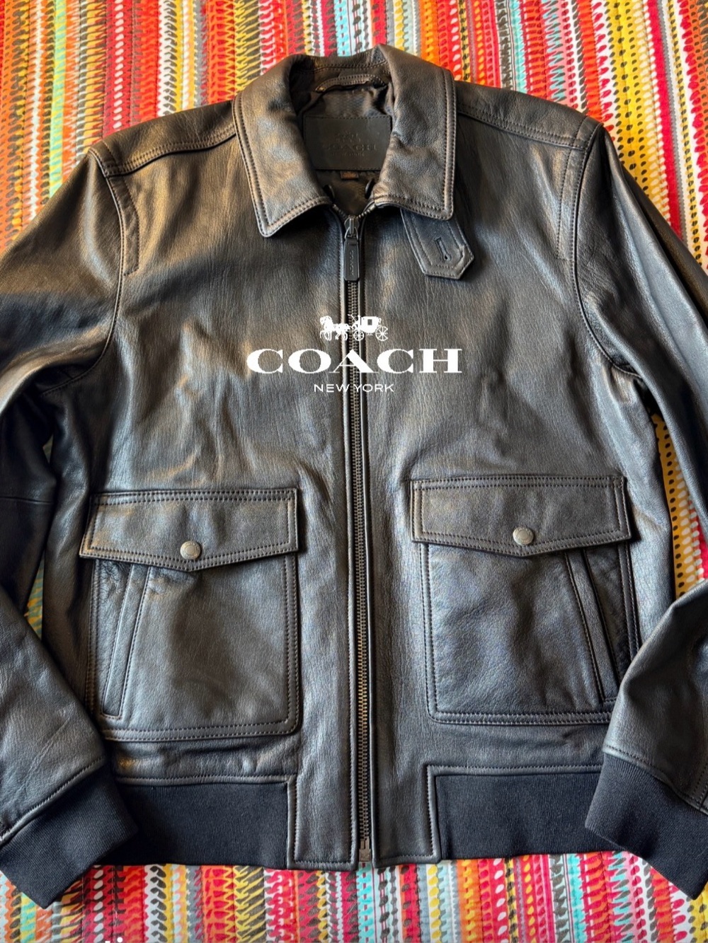 COACH Men’s Black Leather Bomber Jacket Size M Goatskin A-2 Flight Moto Military